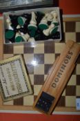 Chessboard with Chess PIeces, Draughts and Dominoe