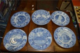 Six Blue & White Wall Plates Depicting Historical