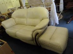 Cream Leather Two Seat Sofa with Pouffe