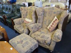 Two Upholstered Wingback Chair and a Footstool