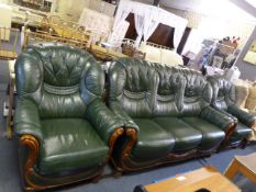 Three Piece Green Leather Suite; Two Chairs and a