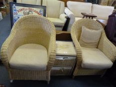 Two Wicker Chairs with Cushions and a Two Drawer W