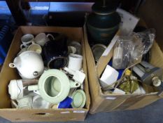 Two Boxes Containing Assorted Kitchenalia, Lamp, e