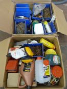 Two Large Boxes of Fittings Screws, Nails, Oil, et