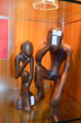 Two Carved Wood Figurines - Thinker