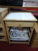 Beech Tile Topped Kitchen Unit on Wheels and Conte