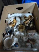 Box of Pottery; Ornaments, Mugs, etc.
