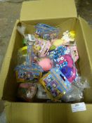 Box Containing Erasers, Moody Faces, Super Balls,