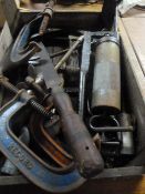 Box of Tools Including Clamps Oil Cans, etc.