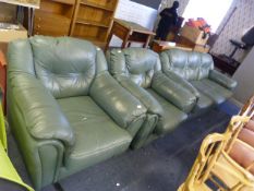 Green Leatherette Three Piece Suite; Three Seat So