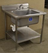 1 x Stainless Steel Sink Basin Unit - Features Deep Sink Basin, Splashback, Mixer Taps and