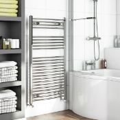 1 x Curved Heated Towel Rail Radiator (TW08) - Chrome - Unused Sealed Stock - Size: 1150 x 450mm -