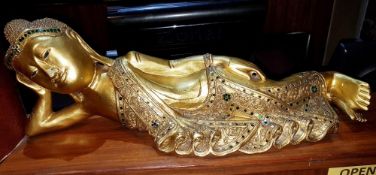 1 x Lying Down / Reclining Buddha Statue in Gold - H20 x W56 cms - CL297 - Ref SN166 - Location: