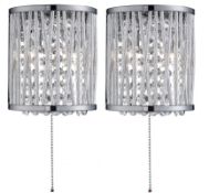 2 x (Pair of) Elise 2 Light Chrome Wall Bracket With Crystal Drops and Metal Twisted Rods - Ex Displ
