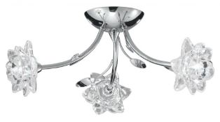 1 x Bellis Chrome 3 Light Semi Flush Light Fitting With Clear Flowers Cut Glass Shades - Ex Display