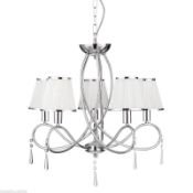 1 x Simplicity Chrome 5 Light Fitting With Glass Drops and White String Shades - Ex Display Stock -