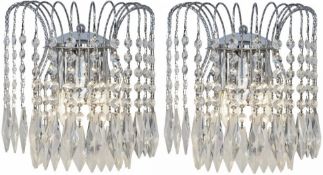 A Pair Of WATERFALL Chrome 2-Light Wall Bracket With Crystal Button & Drops Decoration - Ex Display