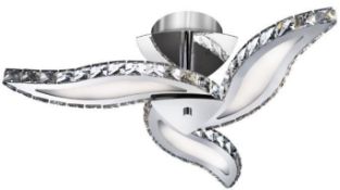 1 x Zinnia Chrome 3-Arm LED Semi-Flush Ceiling Light With Crystal Trim & White Acrylic Decoratio