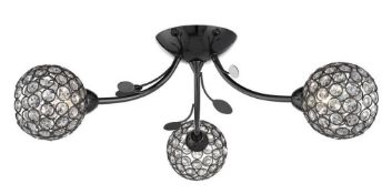1 x Bellis II Black Chrome Ceiling Semi Flush Light With Three Clear Glass Flower Heads and Leaf Dec