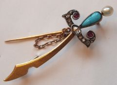 Victorian Dagger 18ct Gold Ruby Diamond Pearl Brooch