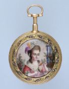 Gold Quarter Repeating French Cylinder Pocket Watch With Fine Enamel Miniature