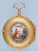 English Gold Pair Cased Verge with Enamle Plaque