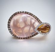 Rose Quartz, Diamond and Citrine ring set in 18k Yellow Gold