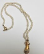 18k Gold Pearl Neckace Diamond Paste Hand of Friendship Pendant