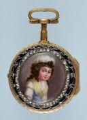 Swiss Gilt Pair Cased Verge with Enamel Portrait