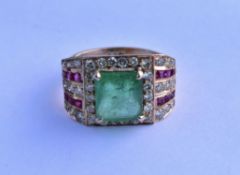 Emerald, Diamond and Ruby Ring set in 14k Yellow Gold