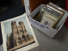 Box of framed prints together with an unframed print of a French cathedral