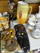 Pair of vintage mantel vases, vintage Royal Doulton Shakespeare character jug, wooden face mask etc