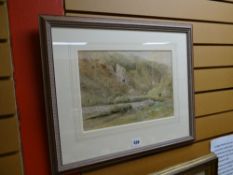 EDWARD HULL watercolour - river scene with fishermen and other figures including couple with mule,