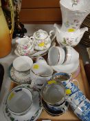 Tray of various patterned teaware, Royal Albert Moss Rose Bachelor set, Aynsley Thistle vase,