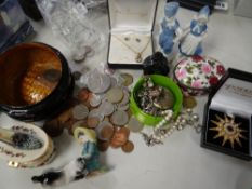 Small wooden banded casket containing small quantity of costume jewellery, collectables, foreign