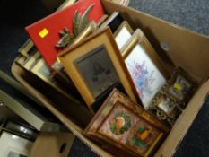 A box of various framed prints & prints on woodblock