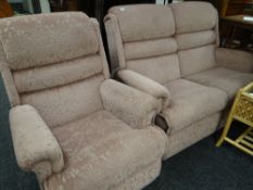 A modern dusky pink figured velvet upholstered lounge / cottage suite comprising two-seater sofa &