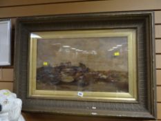 Victorian framed oil on canvas, horse drawn cart being led over river bridge leading to fields,