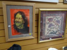 Framed head & shoulders print of a male signed DAVIES together with a framed batik of Far Eastern