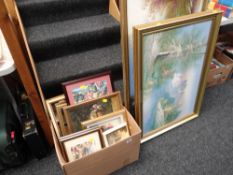 A box of various prints & two modern oils on canvas