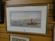 H COLVIN watercolour - continental scene with fishing boats, buildings & hills, signed