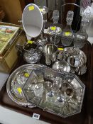 A tray of various EPNS including basket, trays, trumpet vase, vanity mirror etc