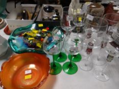 Vintage Murano glass-style sweets in glass bowl, Carnival glass bowl, coloured stem drinking