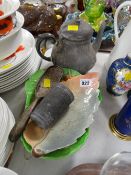 A white metal brush handle, metal teapot, Royal Winton leaf bowl