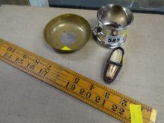 Hallmarked silver bottle holder, cased silver gilt thimble, folding measure & brass dish