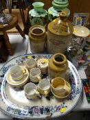 A parcel of T G Green Cornish-ware, yellow banded teaware, large meat platter, stoneware bottle,