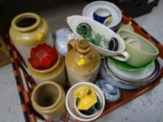 Crate of china including stoneware bottle, stoneware storage jars etc