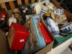 Box of mixed china including tureens, tea ware etc together with box containing vintage tins,