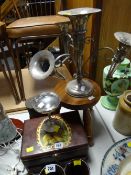 Miniature three-legged stool, cased binoculars, EPNS epergne etc