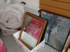 Box containing modern gilt wall mirror, quantity of framed & unframed prints & pictures